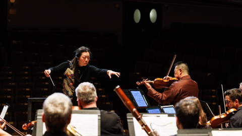 BFO conductor Alyssa Wang leads the orchestra and soloist Jae Cosmos Lee in her violin concerto "Swept Away."