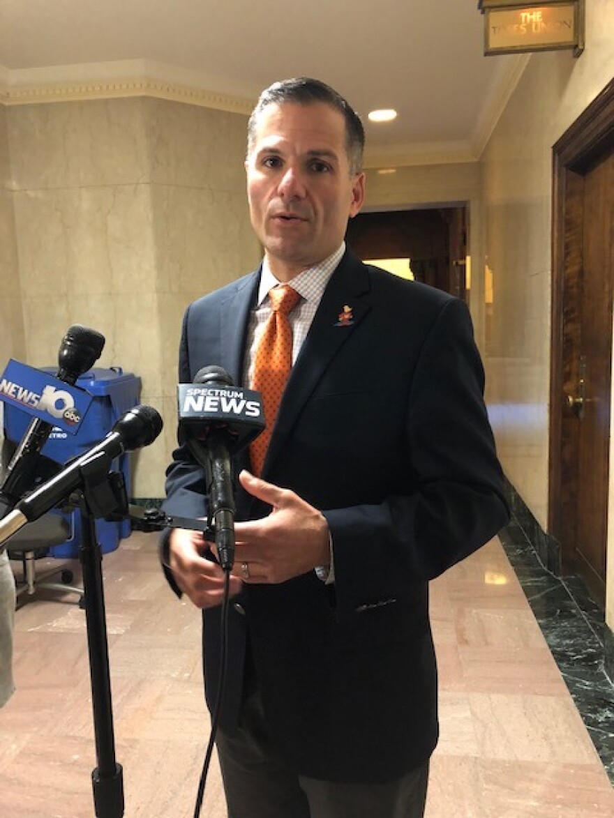 Marc Molinaro, the Republican candidate for governor, speaks in Albany in mid-October.