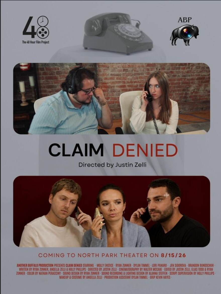 A billboard for the short film "Claim Denied" shows five characters holding phone conversations.
