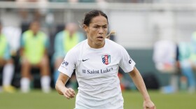 Kansas City's Lo'eau LaBonta defends during an NWSL soccer match in March of 2023, in Cary, N.C.