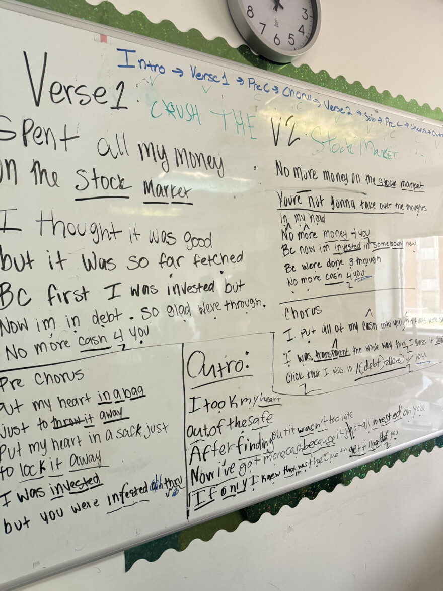 A whiteboard filled with handwritten song structure notes and lyrics titled "Crush the Stock Market".