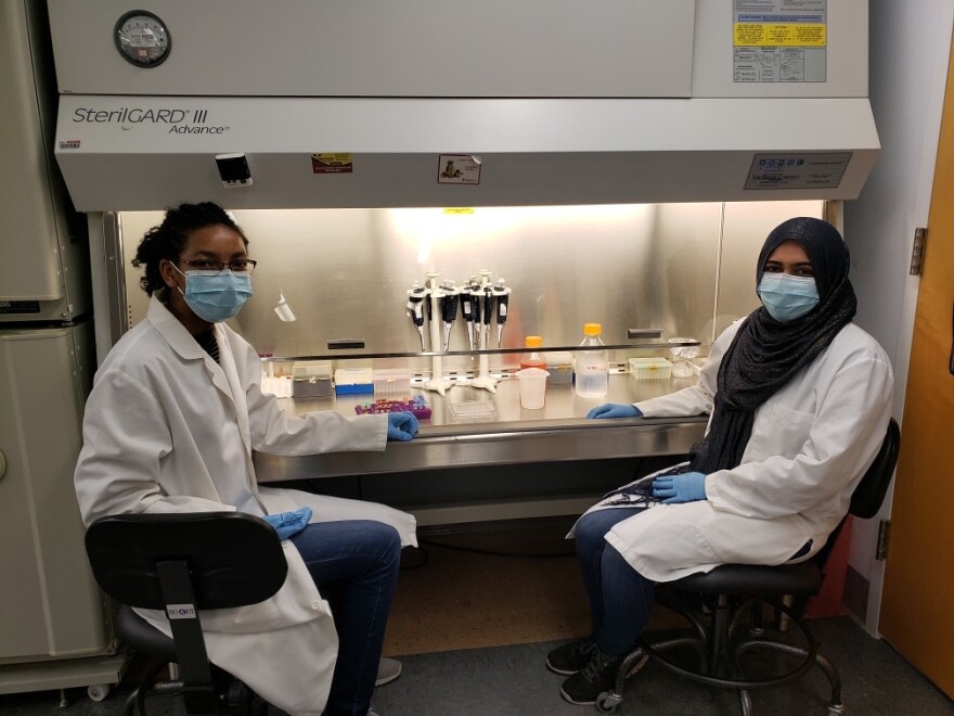 Czdari Lee, left, and Imtisal Imran, right, in the lab at FAU conducting their research.