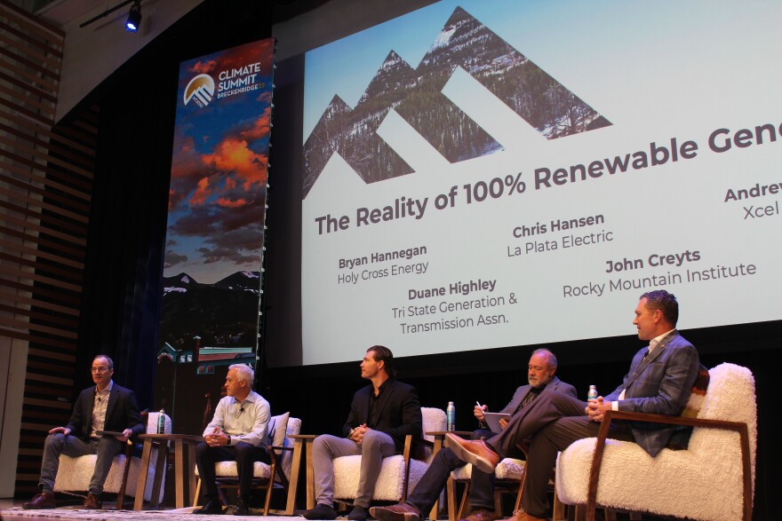 From left: John Creyts, Bryan Hannigan, Andrew Holder, Duane Highley, and Chris Hansen participate in a panel discussion in Breckenridge, Colorado about renewable energy.