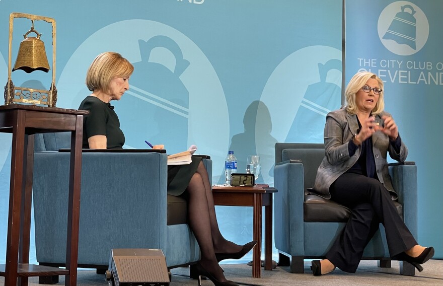 U.S. Rep. Liz Cheney speaks at the City Club in Cleveland on Tuesday, November 1, 2022. The Republican congresswoman representing Wyoming endorsed U.S. Rep. Tim Ryan, the democratic candidate running for U.S. Senate in Ohio.