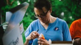 Scott County public health nurse Brittany Combs distributes clean syringes from the back of a van in June 2015