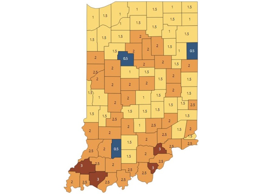 All of Northwest Indiana is coded yellow on the Indiana Department of Health's Feb. 23 county metrics map.