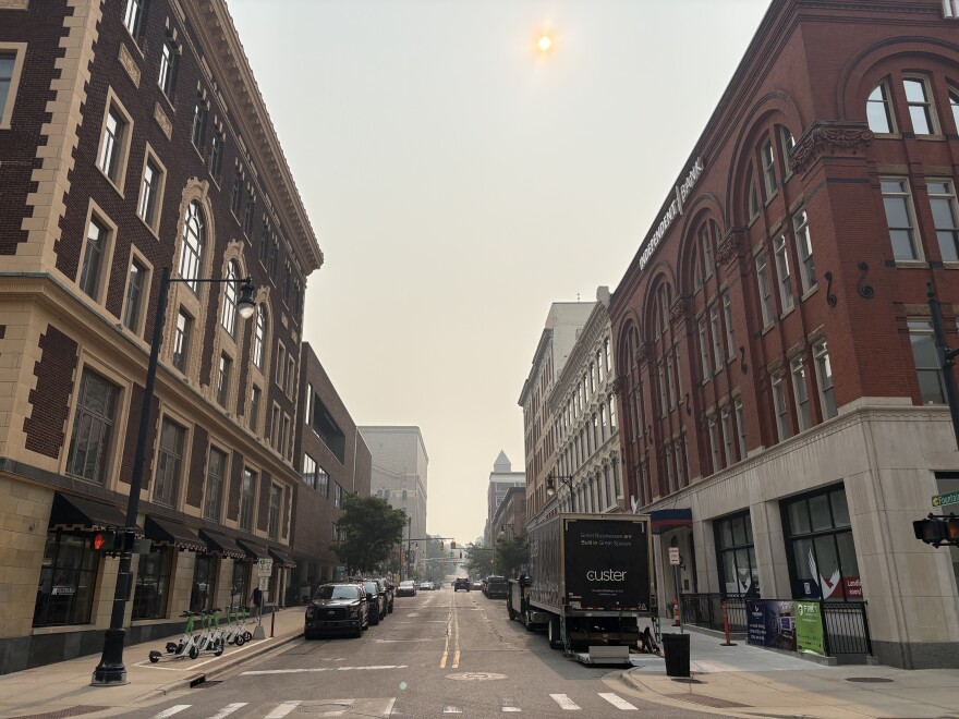 Downtown Grand Rapids street view with hazy sky