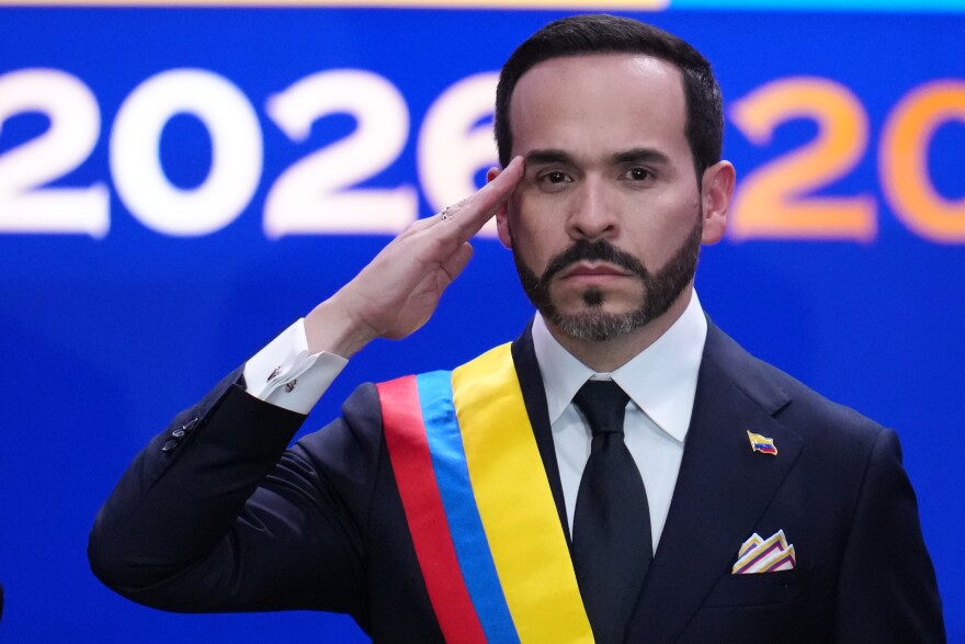 FILE - Colombia's President Abelardo de la Espriella salutes after taking the oath of office in Cali, Colombia, Aug. 7, 2026.