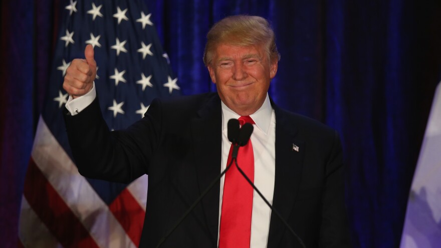 Republican presidential candidate Donald Trump speaks at his Iowa Caucus night gathering February 1, 2016 in Des Moines, Iowa.