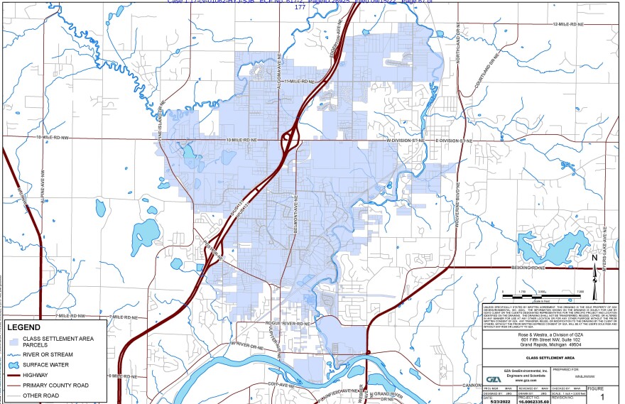 A map showing areas where property owners may be eligible for settlement funds from the PFAS lawsuit, as seen in the proposed settlement filed in federal court.