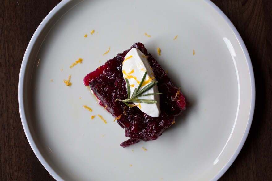 Chef Isabella's Orange-Cranberry Terrine is flavored with cinnamon and herbs and topped with Greek yogurt.