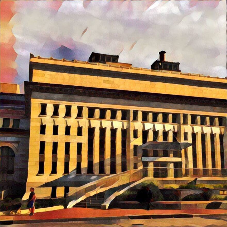 A photo of the Carnegie Library in Washington, D.C., that was run through the Prisma app's "Gothic" filter.