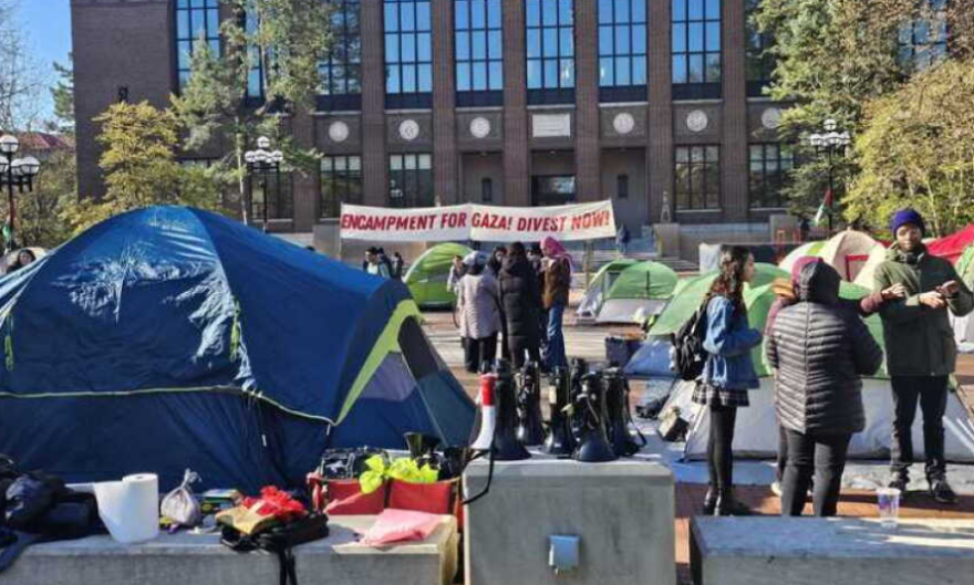 Students set up an encampment to call on the University to divest its investments in Israel, Israili companies, as well as American organizations supplying military equipment to Israel
