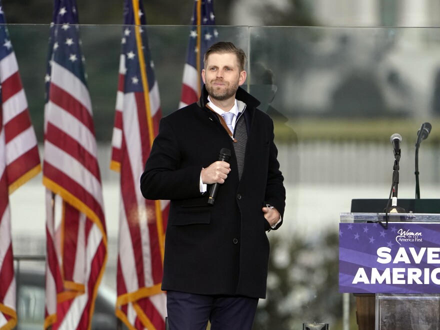 Eric Trump speaks Wednesday, Jan. 6, 2021, in Washington, at a rally in support of President Donald Trump called the "Save America Rally." (AP Photo/Jacquelyn Martin)