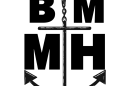 In a black and white line drawing, a boat anchor hangs from the bottom of a microphone. The anchor's crossbar separates the letters B M M H into quadrants.