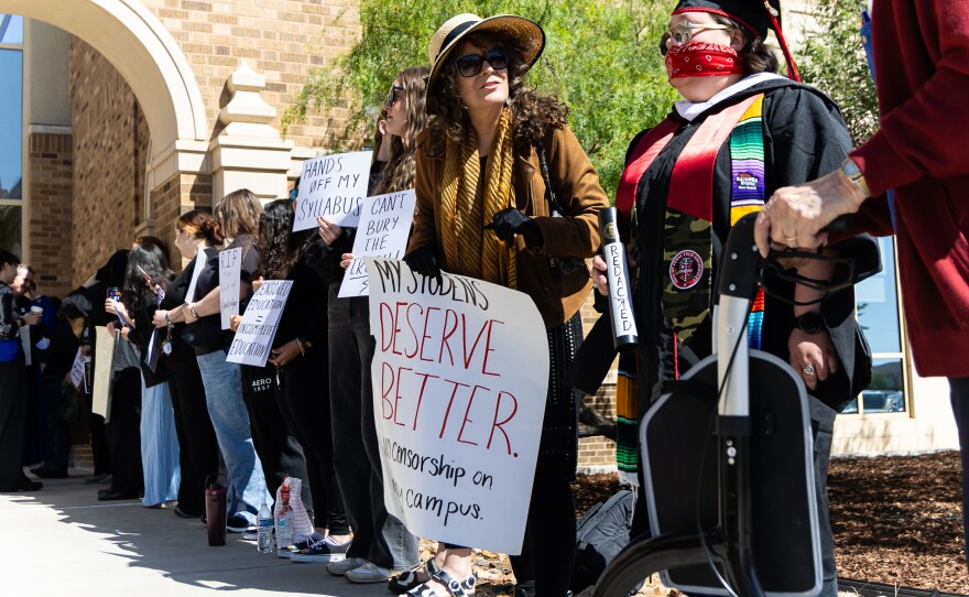 Students and faculty held a mock-funeral outside of the Texas Tech Board of Regents meeting on May 7 in protest of recent policy changes which they claim are acts of academic censorship.