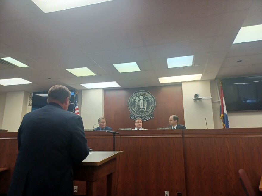 Greene County's budget director Jeff Scott presents the 2023 budget to Greene County Commissioners Rusty MacLachlan, Bob Dixon and John Russell.