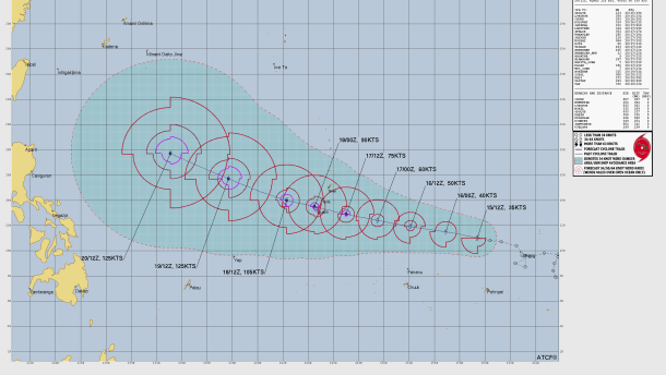 Anticipated track of Tropical Storm Chagi, which is expected to develop into a typhoon.