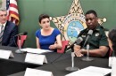 First lady Casey DeSantis, center, makes a point during a discussion on fentanyl dealths. The panel included FDLE Acting Commissioner Mark Glass, left, and Gadsden County Sheriff Morris Young,