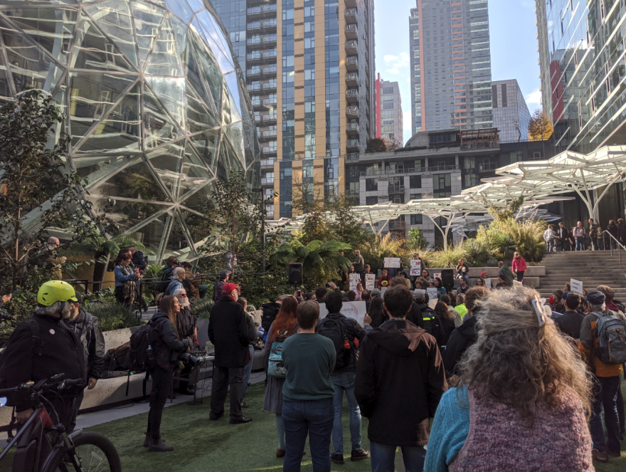 Amazon employees rally in downtown Seattle Oct. 24 against the company's $1M donation to the Seattle Metropolitan Chamber of Commerce's political action committee.