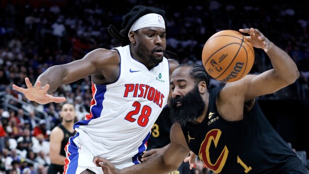 Cleveland Cavaliers guard James Harden (1) drives against Detroit Pistons forward Isaiah Stewart (28) during the first half in Game 1 of a second-round NBA playoffs basketball series Tuesday, May 5, 2026, in Detroit. 