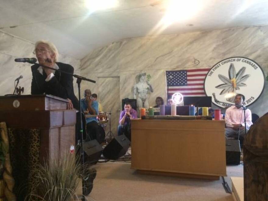First Church of Cannabis founder Bill Levin delivers the sermon at the church's first service.