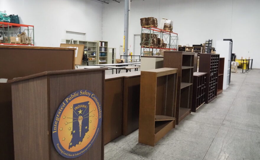 An Indiana Integrated Public Safety Commission lectern in storage at the Indiana Department of Administration surplus warehouse.