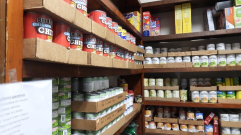 The First United Methodist Church's food pantry, stocked by community donations.