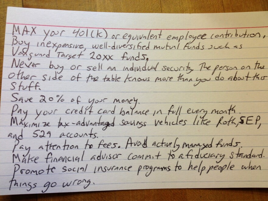 Harold Pollack's index card of finance tips.