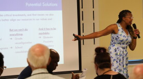 Indianapolis Public Schools Superintendent Aleesia Johnson explains a five-point proposal to reorganize the district's schools and academic offerings during a public meeting Thursday, June 23, 2002 at William Penn School 49.