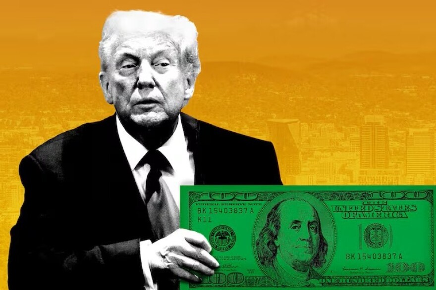 Illustration of a black and white photo of Donald Trump holding a giant green dollar bill on an orange background.