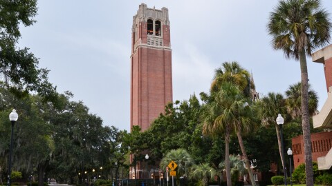 The iconic Century Tower stands in the middle of the campus of the University of Florida in Gainesville, Florida, in this photograph taken July 22nd, 2021. The university is trying to extinguish a political controversy over its decision to block requests by three prominent professors to provide paid testimony in a voting rights lawsuit against Gov. Ron DeSantis and other top state officials. (Houston Harwood/Fresh Take Florida)