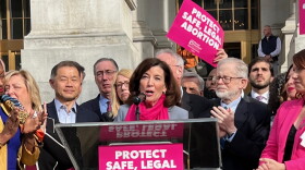 Gov Kahty Hochul speaks at a Planned Parenthood rally outside the State Capitol on May 3, 2022