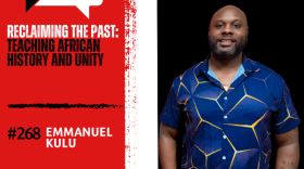 On the left: red background, WN logo, title in black and white text. Episode # in black text guest name in white text, on the right: photo of emmanuel kulu