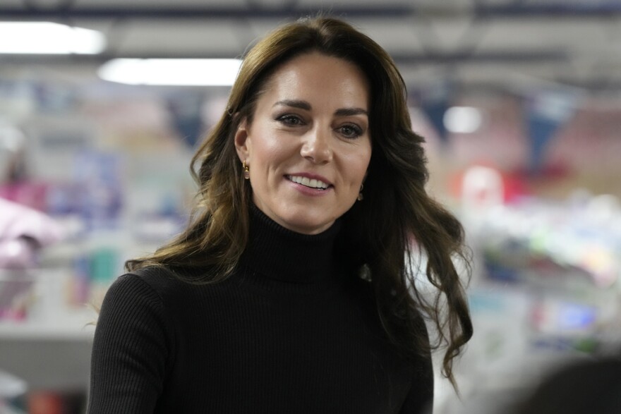 FILE - Britain's Kate, Princess of Wales smiles during her visit to Sebby's Corner in north London, Friday, Nov. 24, 2023. (AP Photo/Frank Augstein, Pool, File )