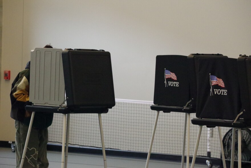 A person in louse-fitting green pants stands at a black voting booth, only parts of their figure visible. Two other black voting booths can be seen to the right, both displaying an emblem with the word Vote underneath an American Flag. 