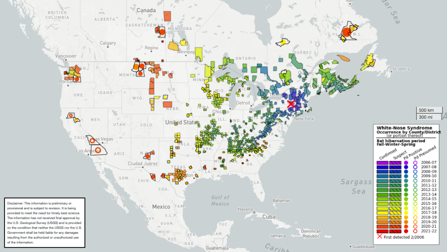 A map showing the spread of white-nose syndrome from the East Coast to the West over the last few decades