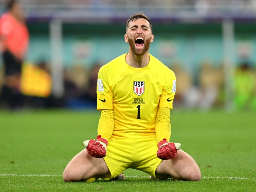 Matt Turner of the United States celebrates the winning goal by Christian Pulisic against Iran at the World Cup on Tuesday.