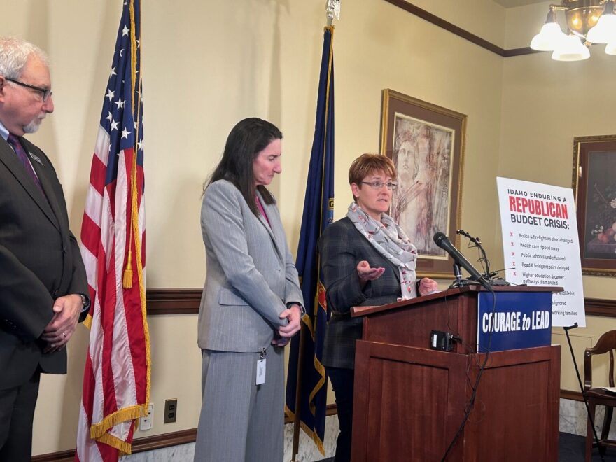 From left, House Assistant Minority Leader Rep. Steve Berch, House Minority Leader Rep. Ilana Rubel and Senate Minority Leader Sen. Melissa Wintrow speak at a press conference on April 3, 2026, at the Idaho state Capitol in Boise.