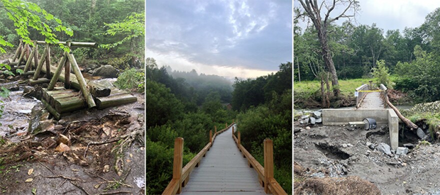 A collage of three pictures. First picture: is a bridge made out of wood sitting on a low creek, surrounded by mud. It's in the deep woods. Second picture: a long white bridge surrounded by bushes and forestry. Third picture: A wooden bridge surrounded by shovel out gravel, broken trees and forestry.