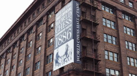 A banner on the Butler Brothers Building on the corner of 18th and Olive Street in St. Louis commemorates the city's historical ties to the chess world.