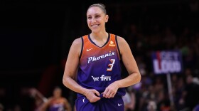 Phoenix Mercury's Diana Taurasi smiles during the second half of a WNBA basketball game against the Atlanta Dream, Thursday, Aug. 3, 2023, in Phoenix. (AP Photo/Matt York)
