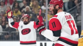 Carolina Hurricanes center Jordan Staal, right, celebrates his goal during the first period in Game 4 of the NHL hockey Stanley Cup Final series against the Vegas Golden Knights, Tuesday, June 9, 2026, in Las Vegas.