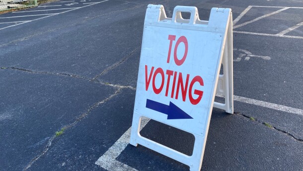 A voting sign is seen outside a Charlotte precinct on Nov. 8, 2022.