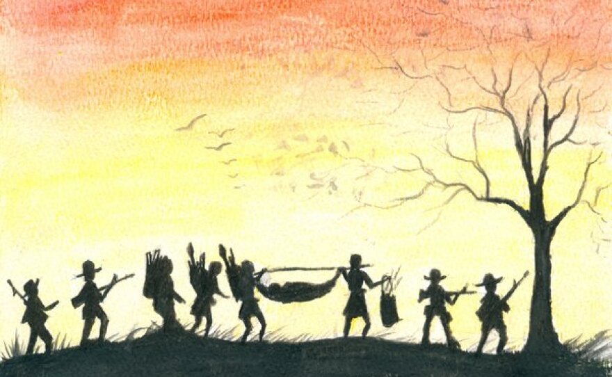 This picture by Kyaw Eh, 19, from 'Forced to Flee' depicts the long trek her family had to make to the Thai-Burma border escored by soldiers from the Karen National Liberation Army.