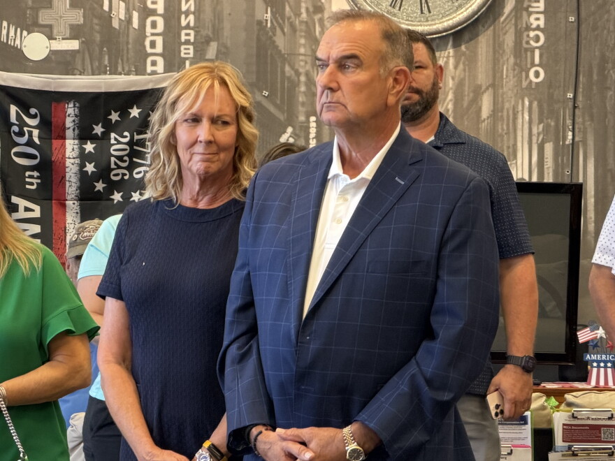 Gov. Mike Kehoe and first lady Claudia Kehoe attend a rally in favor of Amendment 3 on Aug. 31 in Fenton. Both the governor and his wife are playing a major role in trying to repeal an abortion rights constitutional amendment and replace it with a near-total ban on the procedure.