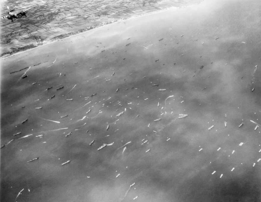 The view from a B-26 bomber of the thousands of ships ferrying people and materiel across the English Channel to France in on June 14, 1944, in D-Day's aftermath.