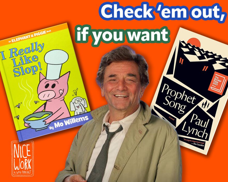 a book titled "I Really Like Slop," an image of Peter Faulk as Columbo, and a book titled Prophet Song on an orange background
