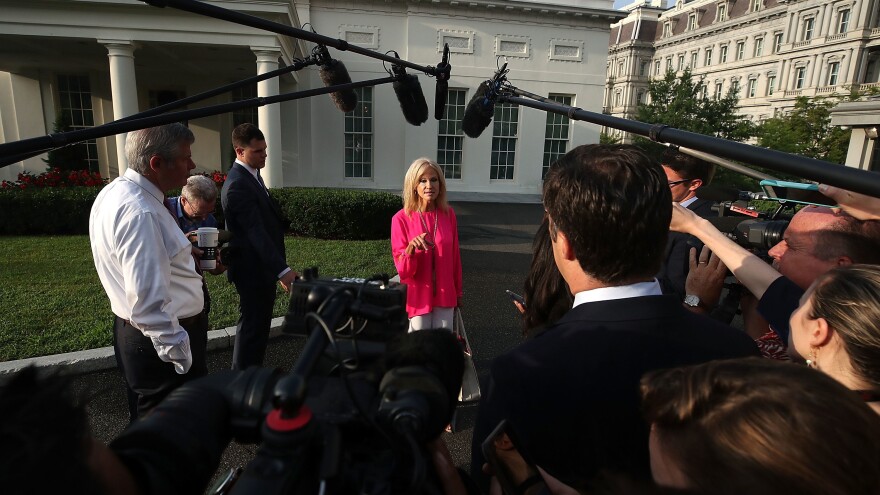 White House counselor Kellyanne Conway speaks to the media in August.