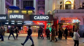 Leicester Square in London offers a mix of casinos, betting shops and arcades for gambling. From the NEPM News series "High Stakes: Gambling Addiction, Beyond Borders."